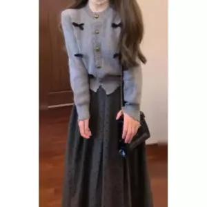 여성 니트 스웨터 가을 겨울 셋트 가디건 롱스커트 그레이 상의+스커트 세트 40 45kg S