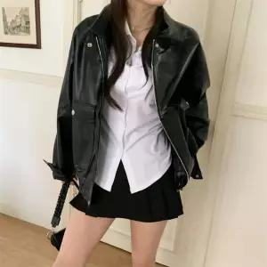 여자 카라넥 인조 가죽 캐주얼 오버핏 자켓