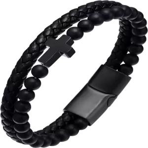 남성용 십자가 비즈 꼬임 천연 가죽 팔찌 블랙 원석 마노 오닉스 묵주 흑요석 뱅글 신앙 종교 부활절