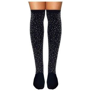 요카웨 라인스톤 오버 무릎 하이 양말 반짝이는 블랙 크리스탈 스타킹 글리터 캐주얼 치어리더 의상 여성용