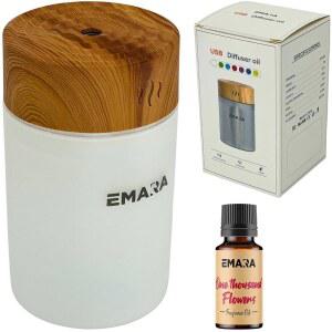 에센셜 오일용 에마라 미니 디퓨저 USB 우드 그레인 LED 조명 260ml, 15ml 오일, 휴대용 디퓨저, 초음파 미스트 여행용 소형 오일 선물 포함
