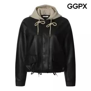 [GGPX] 니트 후드 탈부착 페이크 레더 자켓 (GQ2JK006B)