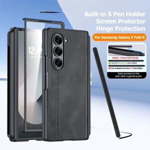 S펜 홀더  맥세이프 힌지 보호 화면 갤럭시 Z 폴드 6호환용 PU 가죽 무광 PC 충격 방지 케이스블랙