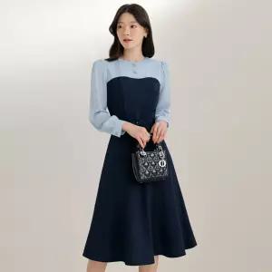 [시크라인] (~XXL까지) 디유 라운드넥 배색 플레어 벨트 원피스 봄 가을 하객룩 오피스룩 모임룩 격식룩 빅사이즈