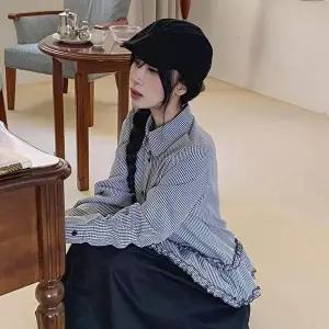 [옷자락]여자 잔체크 프릴 밑단 레이어드 카라 셔츠