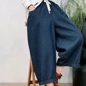 [애슬릿] 여성 와이드 청바지 밴딩 데님 스트라이프 배기 팬츠