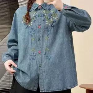 [애슬릿] 여성 데님 셔츠 블라우스 봄 청남방 플라워 자수
