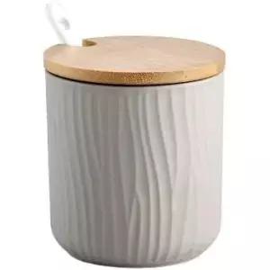 YORROR 300ml 세라믹 설탕 그릇 뚜껑과 숟가락 회색 도자기 소금 용기 향신료 병 양념 상자 조미료 냄비