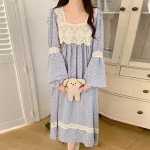 [유야]여성 앤틱 면 레이스 플라워 긴팔 원피스잠옷 SHO0051 봄 가을