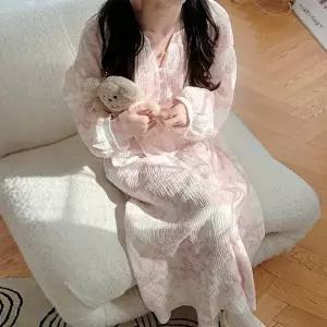 [유야]여성 부드러운 요루면 트왈 브이넥 긴팔 원피스잠옷 SHO0047 봄 가을