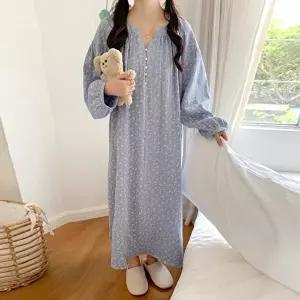 [유야]여성 면 진주브이넥 긴팔 원피스잠옷 SHO0048 봄 가을