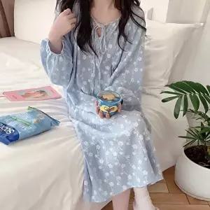 [유야]여성 면 장미 리본 긴팔 원피스잠옷 SHO0043 봄 가을