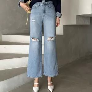 여성 난스판 밴딩 중청 데미지 구제 와이드 데님팬츠 통청바지 찢청