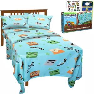 마인크래프트 트윈 침구 세트 번들에는 시트 및 베개 커버 플러스 스티커 기타 침실 장식이 포함되어