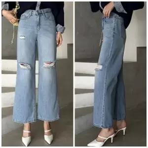 여성 난스판 중청 데미지 구제 와이드 팬츠 통청바지 찢청