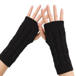 여성용 블랙 땋은 니트 손가락 없는 장갑 - 엄지 구멍이 있는 온열 반손가락 손목 워머
