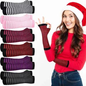 신테지 6쌍 겨울 스트라이프 여성용 팔 워머 롱 핑거리스 장갑 엄지 구멍 신축성