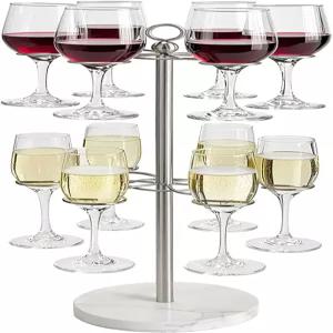 GZILA 카운터탑 와인잔 홀더 SUS304 스테인리스 샴페인 타워 2단 12개 브래킷 대리석 베이스 스템웨어 랙