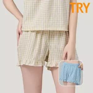 [TRY]트라이 여성 폴리 트렁크 체크 프릴 사각팬티 하나만 홈웨어 2컬러 1매 K41