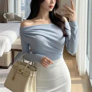 여자 하객룩 데이트룩 우아한 셔링 오프숄더 긴팔 블라우스
