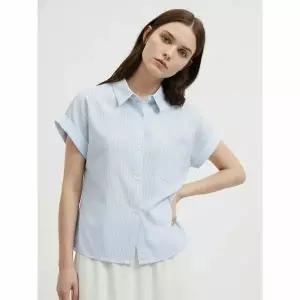 [하프클럽/샵앤]여성 카라넥 스트라이프 옆셔링 반팔 블라우스 셔츠 NARU-WBL-