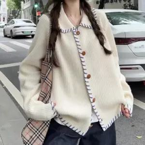 [옷자락]여자 스티치 배색 카라 루즈핏 니트 가디건_P417628217