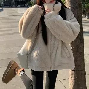 [옷자락]여자 루즈핏 하이넥 부드러운 퍼 집업 자켓