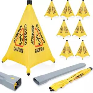 젖은 바닥 표지판 8개 보관 튜브가 있는 20인치 안전 상업용 및 사무실용 접이식 이중 언어 노란색 경고 콘