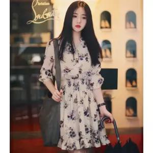 베이지 가벼운 쉬폰 꽃무늬 프릴 여성 원피스