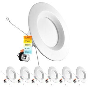 럭스라이트 5/6인치 LED 오목 레트로핏 다운라이트 14W=90W CCT 색상 선택 가능 2700K | 3000K 3500K 4000K 5000K 디밍 캔 라이트 1100루멘 습식 정격 에너지 스타 부드러운 트림(6팩)