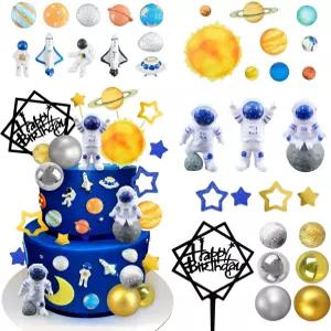 40PCS 우주비행사 케이크 토퍼 - 외계 피규어 운석 행성 로켓 별과 골드 실버 볼 우주 테마 장식