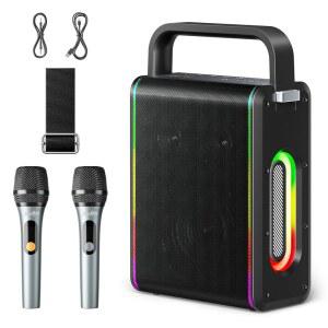 Moukey 휴대용 노래방 기계 200W 전력 무선 TF 충전식 마이크 스트랩 USB 2개 파티 REC AUX 야외용 가정용 스피커 지원 BT 성인 MP3