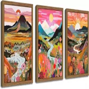 나무 프레임 보호 컬러풀 조경 캔버스 월 아트 세트 3 - 추상적인 산벽 장식 그림 자연 꽃 포스터 거실