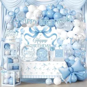 코코미고 288 PCS 블루 보우 생일 장식 25명의 손님을 위한 걱정 없는 원스톱 세트 풍선 배경 프린지 커튼