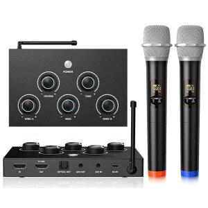 무선 노래방 마이크 시스템 믹서 듀얼 AUX 옵티컬 in 교회 핸드헬드 아웃 TV용 100피트 결혼식 Out 스피커 범위 HD 노래