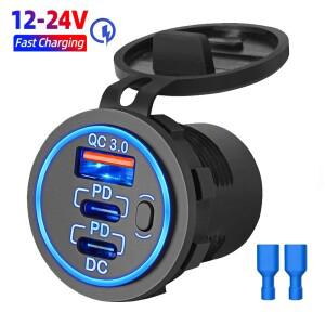12V USB 차량용 충전기 소켓 듀얼 30W PD 및 18W QC3.0 포트 액세서리 자동차 RV 보트 해양 트럭 바이크 오
