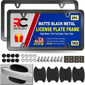 RCKJNJ 매트 블랙 번호판 프레임 - 알루미늄 금속 자동차 태그 홀더 나사 캡이 있는 슬림 전면 후면 2팩 문