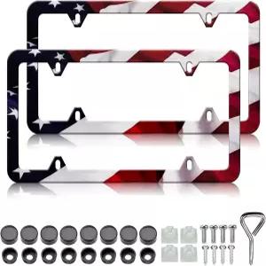 린캉 아메리칸 플래그 번호판 프레임 홀더 - 2팩 패트리엇 유니버설 알루미늄 매트 스트라이프 미국 글로스