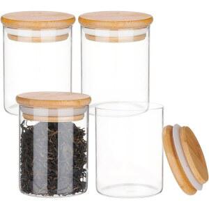 4팩 투명 유리병 용기 가정용 200ML 향신료 소형 소금 7OZ 원형 보관 뚜껑 보관용 설탕 주방 대나무