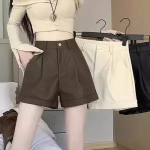 여성용 바지 여름 캐주얼 반바지 PU가죽 춘추 하이웨스트 날씬해 보이고 와이드 A라인 부츠 admr3