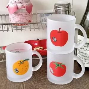 손잡이 달린 불투명 유리컵 3종 사과 과일 그래픽 프린팅 음료 물 차 홈카페