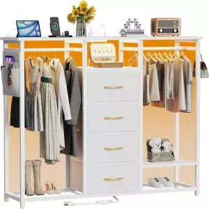 옷걸이 선반이 있는 서랍장 LED 조명과 충전소가 침실용 4개 옷걸이가 옷장용 천 보관 침실 방 금속 흰색