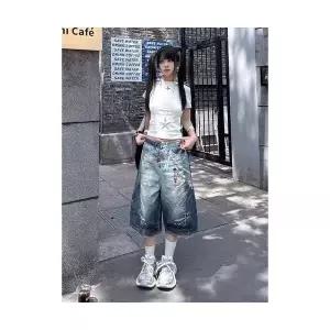 남성용 팬츠 청 캐주얼 반바지 와이드 프린트 트렌드 키홀더 워싱 청반바지 슬림핏 7부 KS1