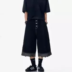 바지 검정 데님 남성용 빈티지 숏 트리밍 와이드 청반바지 7부 2 KS1