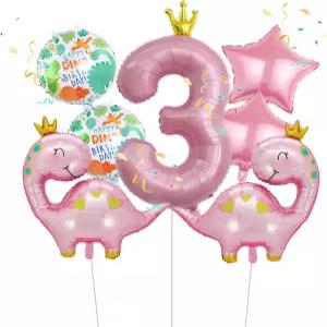 7pcs 핑크 크라운 공룡 풍선 소녀 생일 번호 밀라 포일 3번째 파티 용품 장식