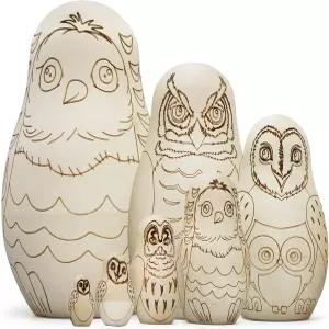 AEVVVV 올빼미 공예 빈 러시아 둥지 인형 세트 7개