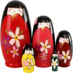 문모 5pcs 아름다운 수제 나무 일본 소녀 러시아 둥지 인형 선물 소원 마트료시카 전통