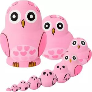 크리스마스 홈 데코 생일 선물로 10개의 나무 수제 러시아 둥지 인형 장난감 동물 귀여운 (핑크 올빼미)