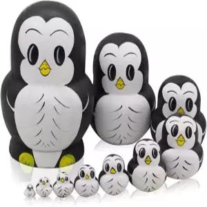문모 10pcs 동물 패턴 나무 둥지 장난감 러시아 인형 마트료시카 쌓기 (펭귄)