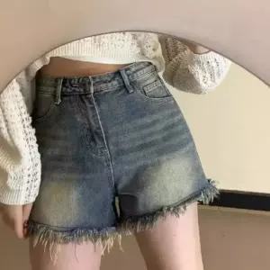 여친 청 빈티지 반바지 하이웨스트 트리밍 청바지 슬림핏 와이드 청반바지 A라인 핫팬츠 BE1